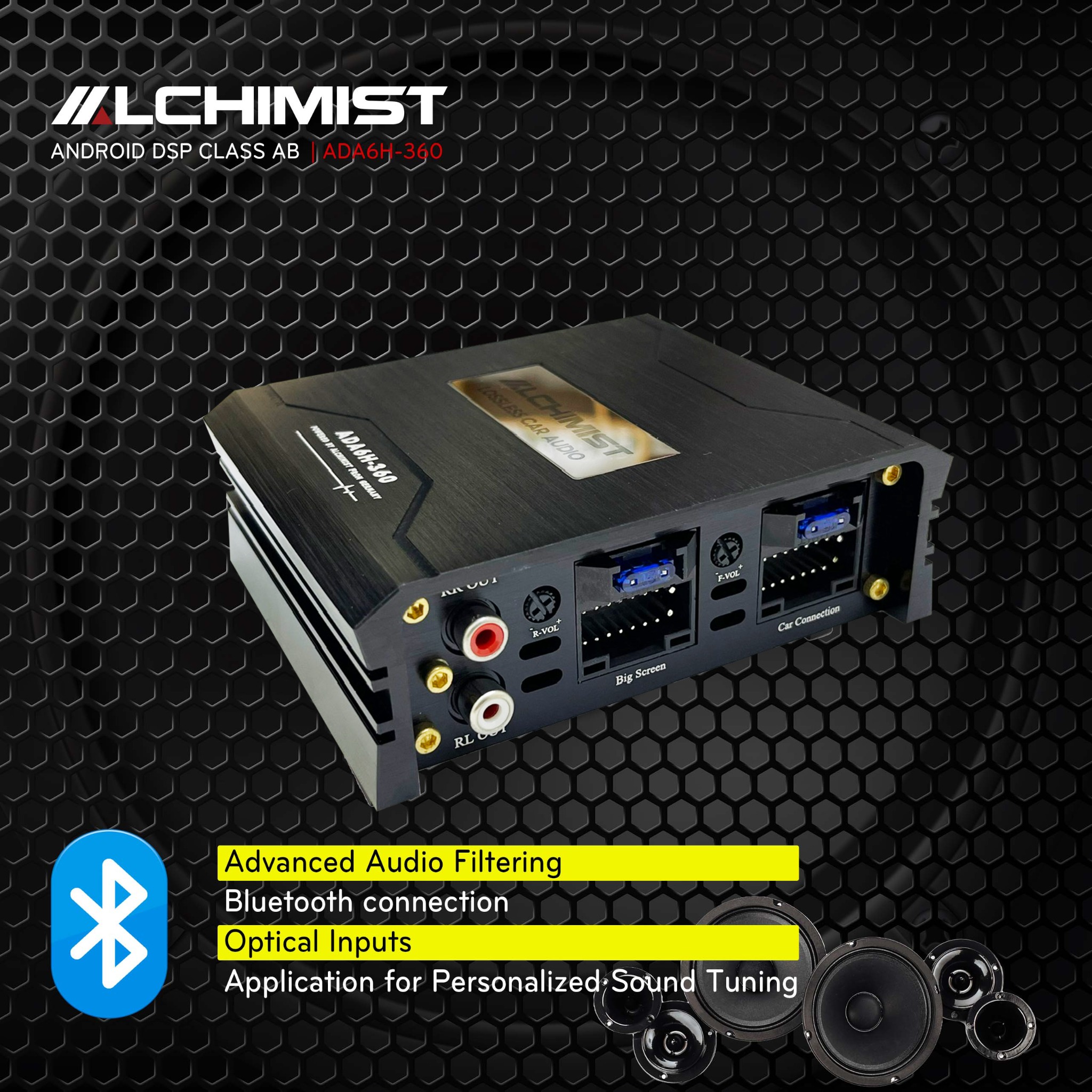 DSP Android Alchimist ADA6H 360 Amply ô tô có Bluetooth lossless 5.1 Chỉnh App cắt tần chuyên nghiệp