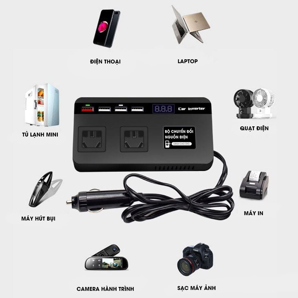 Adapter Đổi điện tẩu sạc 12v ra 220v cắm laptop, Bộ Chuyển Đổi Nguồn Điện 12v Sang 220v 12v / 24v Chuyên Dụng Cho Xe Hơi