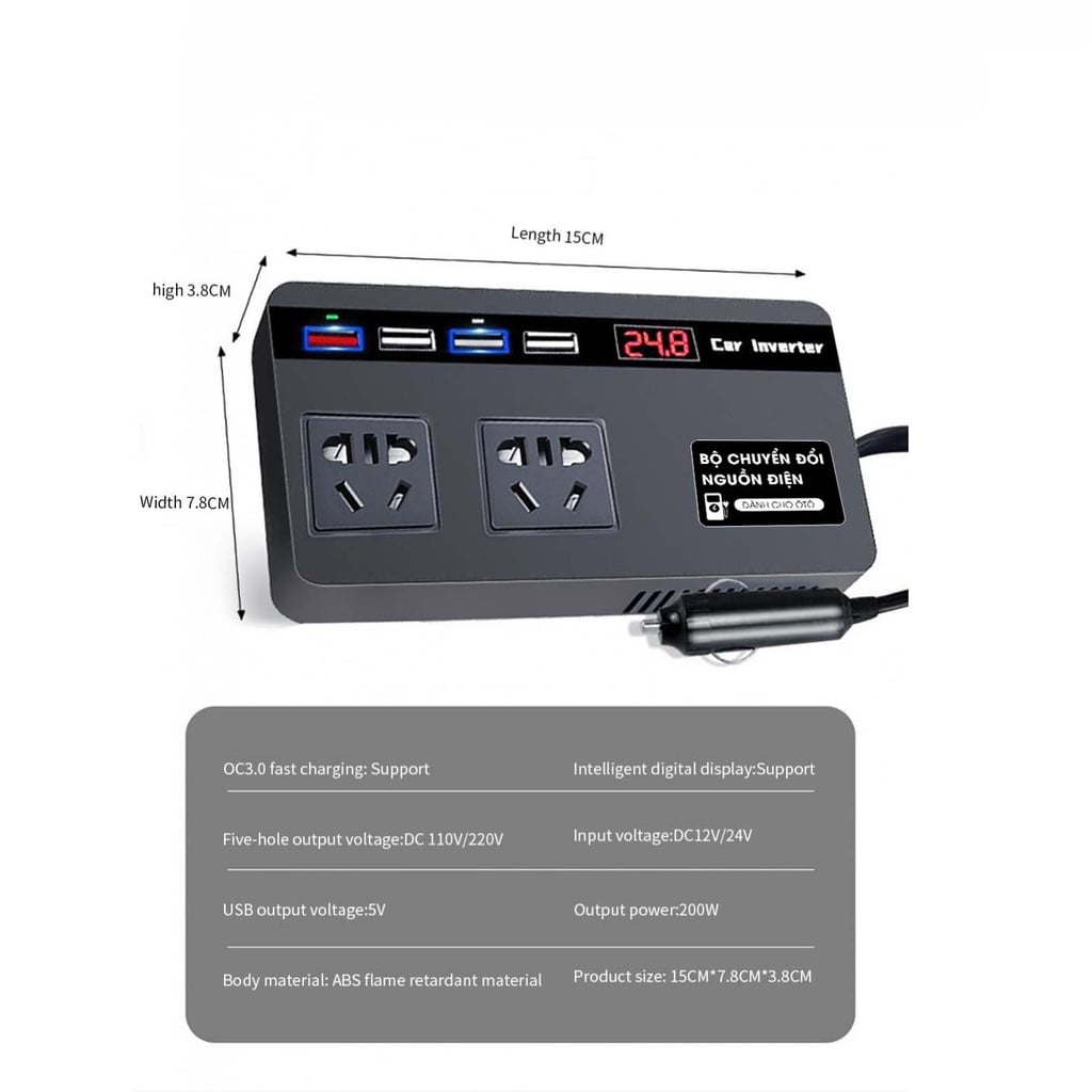 Adapter Đổi điện tẩu sạc 12v ra 220v cắm laptop, Bộ Chuyển Đổi Nguồn Điện 12v Sang 220v 12v / 24v Chuyên Dụng Cho Xe Hơi