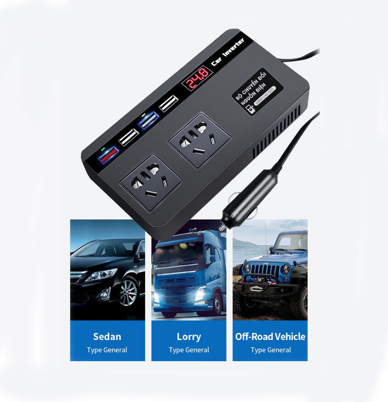 Bộ Biến tần ô tô chuyển đổi nguồn điện từ DC12V/24V sang AC 110/220V Ổ cắm điện với cổng USB tiện dụng