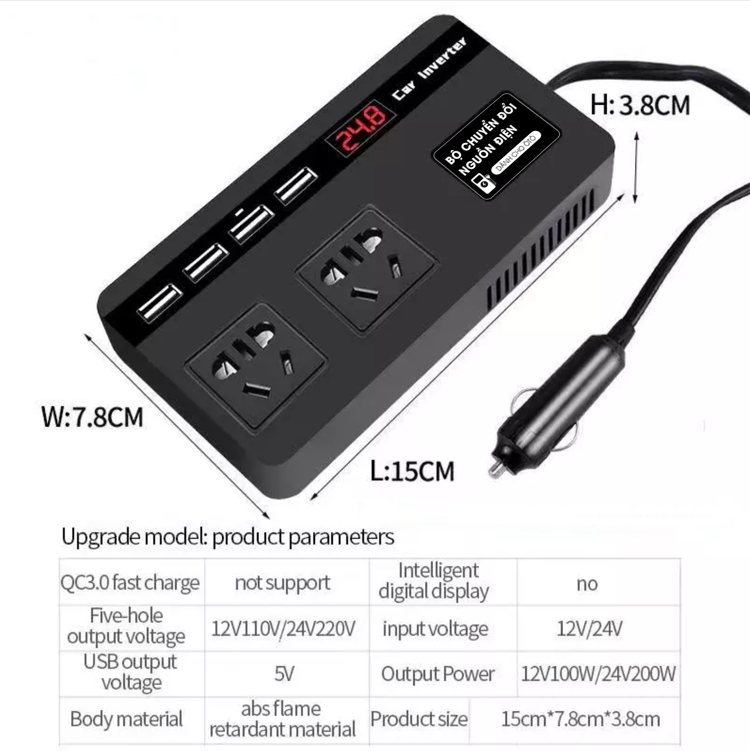 Bộ Biến tần ô tô chuyển đổi nguồn điện từ DC12V/24V sang AC 110/220V Ổ cắm điện với cổng USB tiện dụng