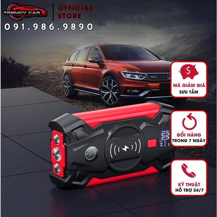 Bộ kích điện đề nổ bình ắc quy 12v cứu hộ ô tô xe máy công suất lớn kiêm sạc dự phòng, đèn Led trắng, xanh đỏ cứu hộ