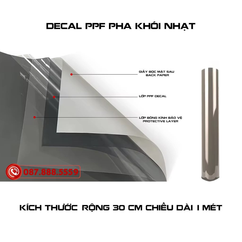 Decal PPF 3 Lớp chuyên dụng khói nhạt cho đèn pha Phủ Bóng đen khói PPF. Chống xước, chống ố vàng đến 5năm.Khổ cao 30cm