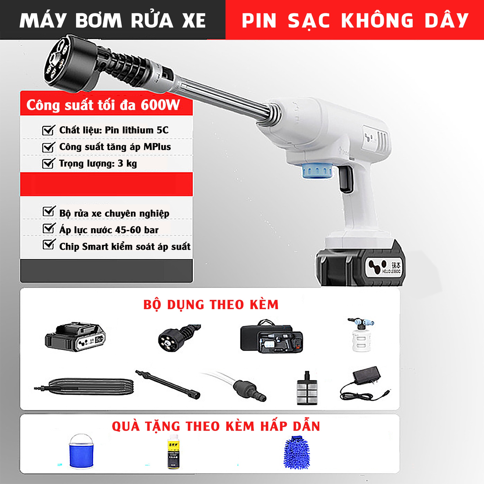 Máy rửa xe cầm tay tại nhà có pin sạc Lithium 25000 mAh máy tự phục vụ áp suất cao di động không dây 600W cao cấp