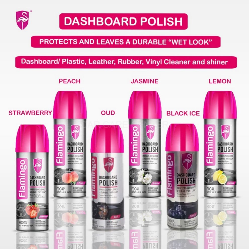 Bình xịt dưỡng bóng nội thất ô tô mùi đào nhẹ nhàng FLamingo F004 DashBoard Polish dung tích 450ml dịu mát thiên nhiên