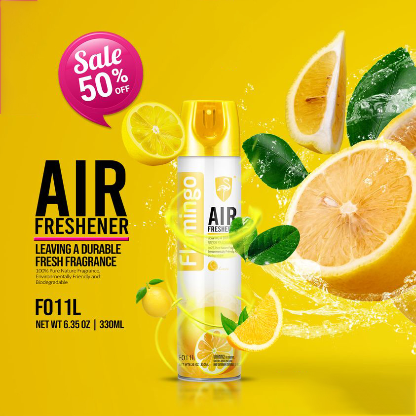 Bình Xịt Khử Mùi Hôi Ô Tô hoặc phòng ngủ Flamingo F011 330ml hương thơm dịu mát mùi vanilla, hương nhài, hương hoa hồng, cafe, táo xanh, chanh.. thơm mát