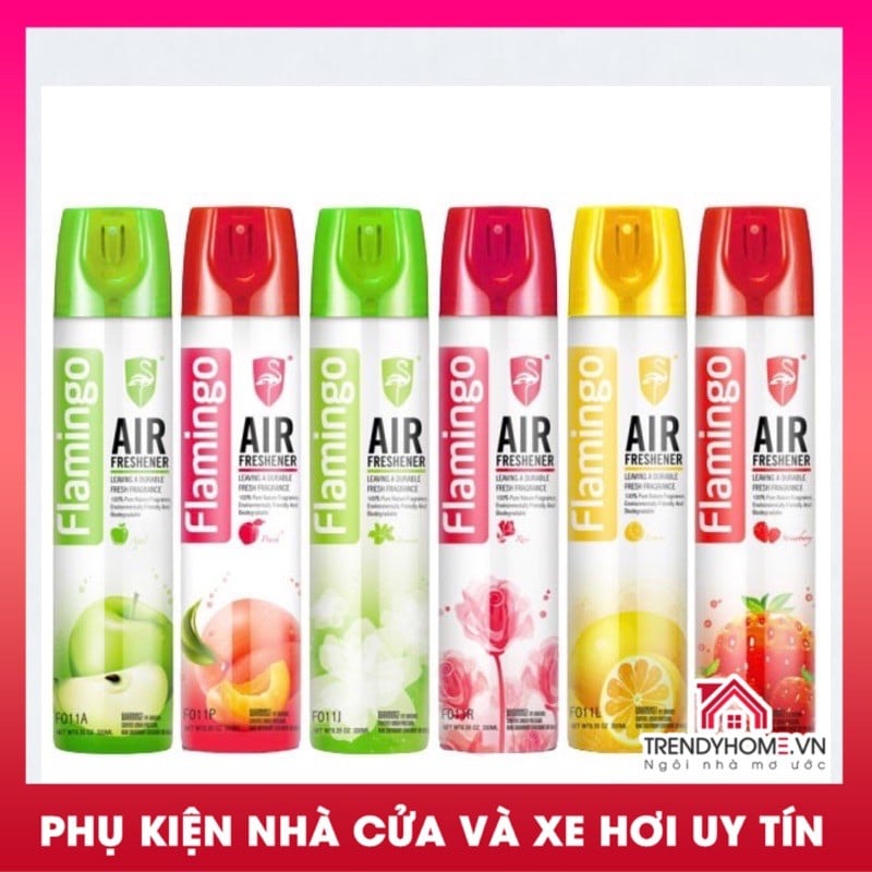 Bình Xịt Khử Mùi Hôi Ô Tô hoặc phòng ngủ Flamingo F011 330ml hương thơm dịu mát mùi vanilla, hương nhài, hương hoa hồng, cafe, táo xanh, chanh.. thơm mát