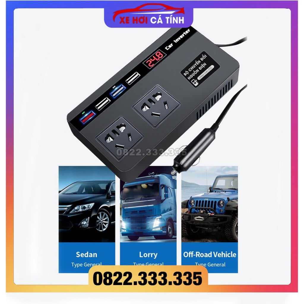 Bộ Chuyển Đổi Nguồn Điện 12V- 24V Sang 220V-200W Cho xe Ô Tô , Xe Hơi Công Suất Tối Đa 150W, Phụ Kiện Ô Tô Tổng Hợp