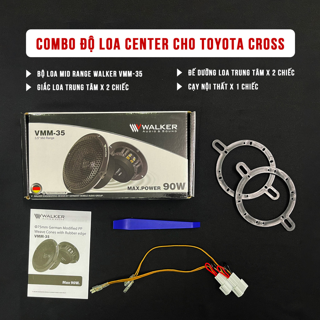 Combo kèm dưỡng loa Loa trung tâm, Loa Mid dành cho Toyota Cross hãng Walker VMM35 CAR AUDIO kèm phụ kiện Hàng Cao cấp