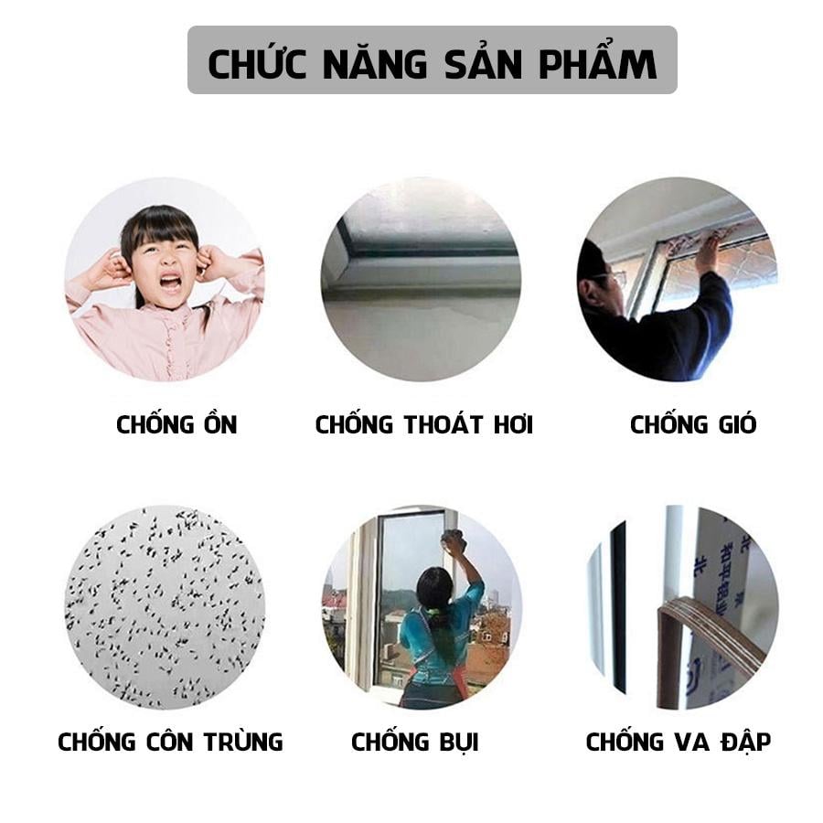 Gioăng cao su làm khít cánh cửa dạng gài cao su siêu bền, cuộn Gioăng cây thông dài 5 mét cài khe cửa cách âm chống ồn ngăn bụi