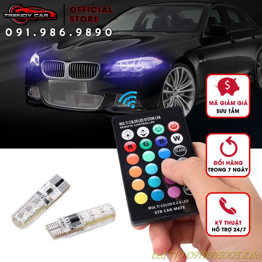 <NEWTREND> Bộ 2 đèn Led T10 RGB 16 màu kèm Remote điều khiển 6 SMD 5050 lắp đèn led demi,biển số, cốp sau