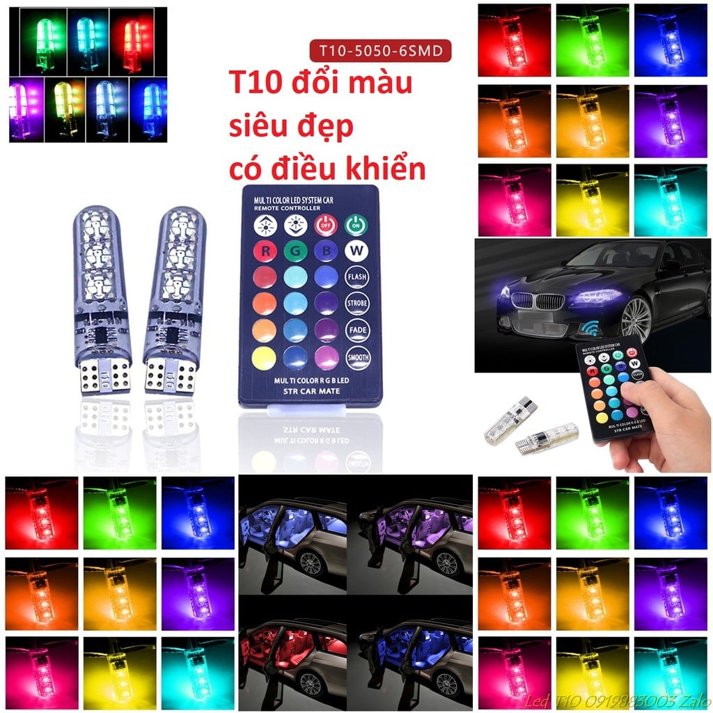 <NEWTREND> Bộ 2 đèn Led T10 RGB 16 màu kèm Remote điều khiển 6 SMD 5050 lắp đèn led demi,biển số, cốp sau