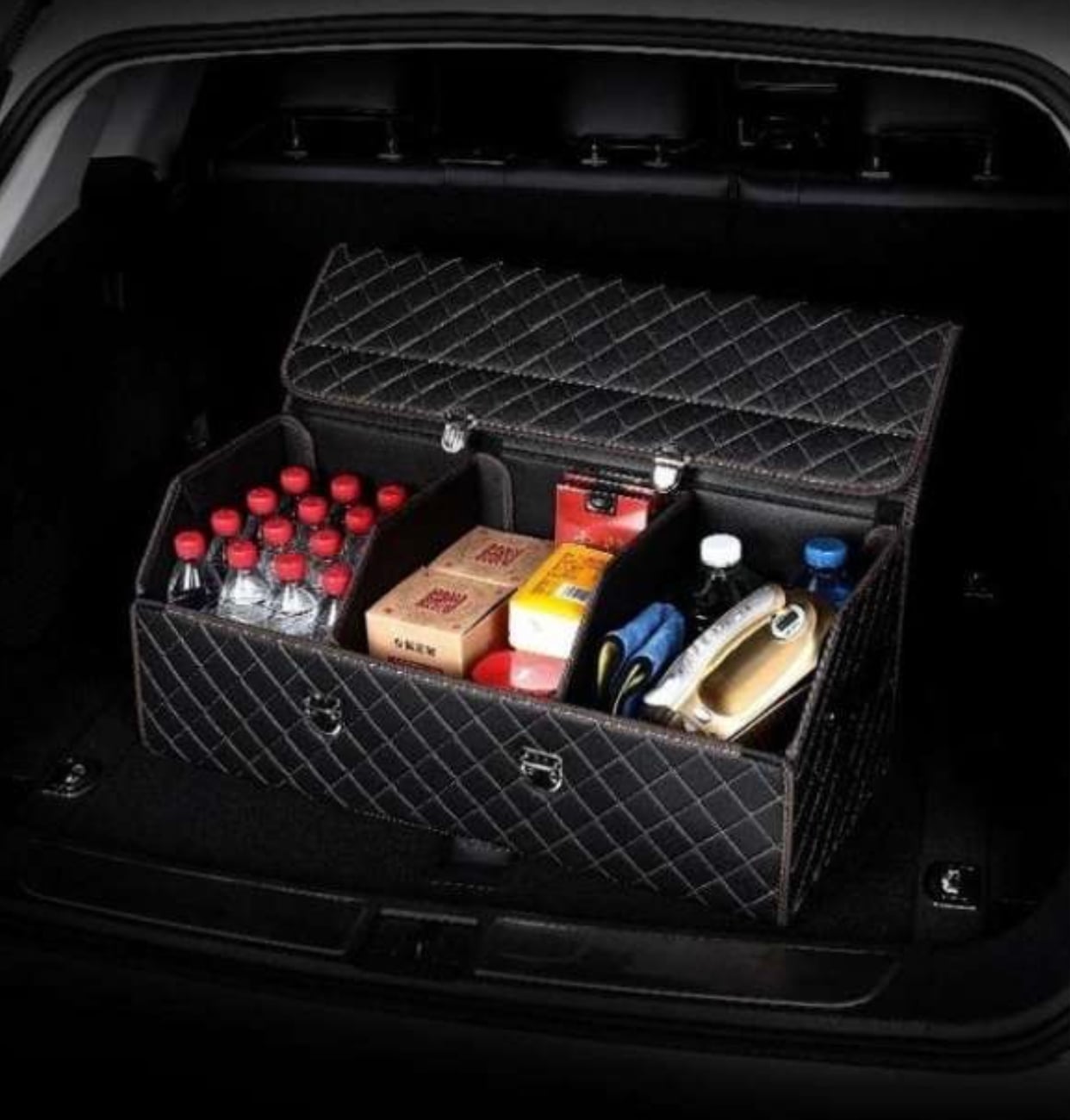 Thùng đựng đồ đa năng cốp sau ô tô bọc da cao cấp , có nắp gấp, gọn gàng , chứa được nhiều đồ size lớn nhất 72x32x30