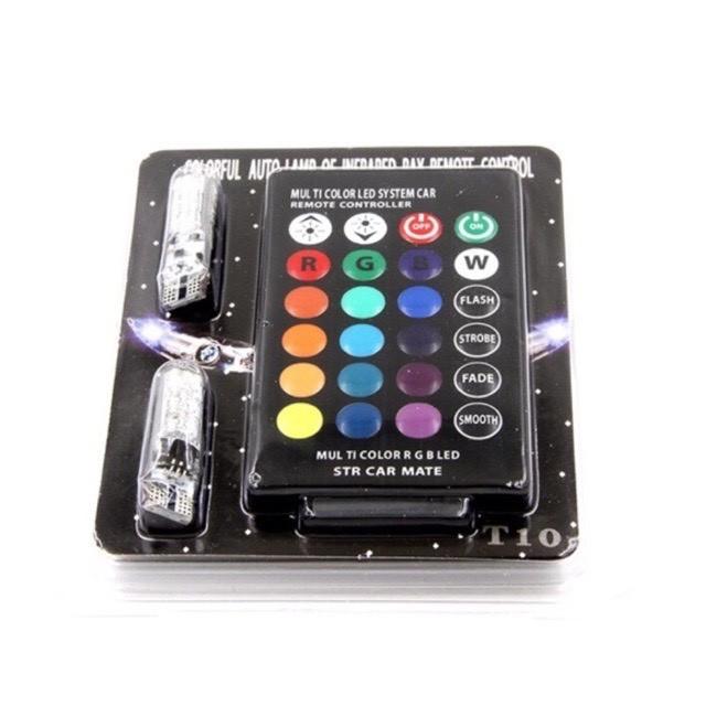 Bộ 2 đèn led chân T10 RGB kèm điều khiển từ xa nhiều chế độ màu, đèn demi