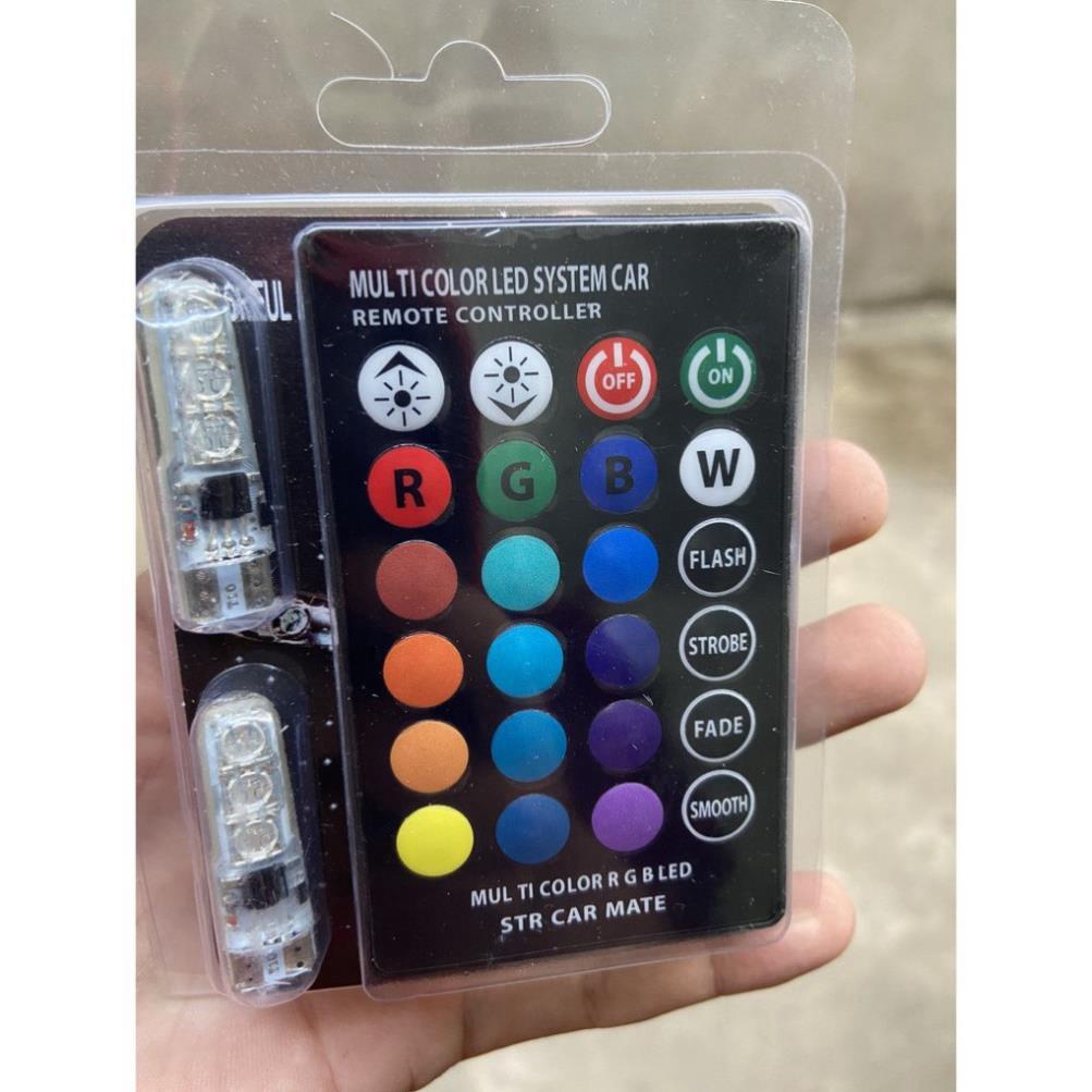 Bộ 2 đèn led chân T10 RGB kèm điều khiển từ xa nhiều chế độ màu, đèn demi