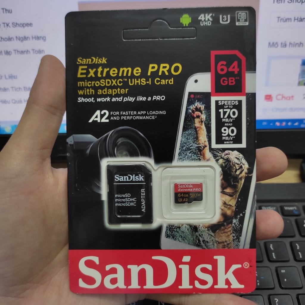 Thẻ nhớ 64G Extreme Pro MicroSD Sandisk tốc độ cao 4K cho camera, flycam tặng kèm adapter áo thẻ nhớ tiện dụng