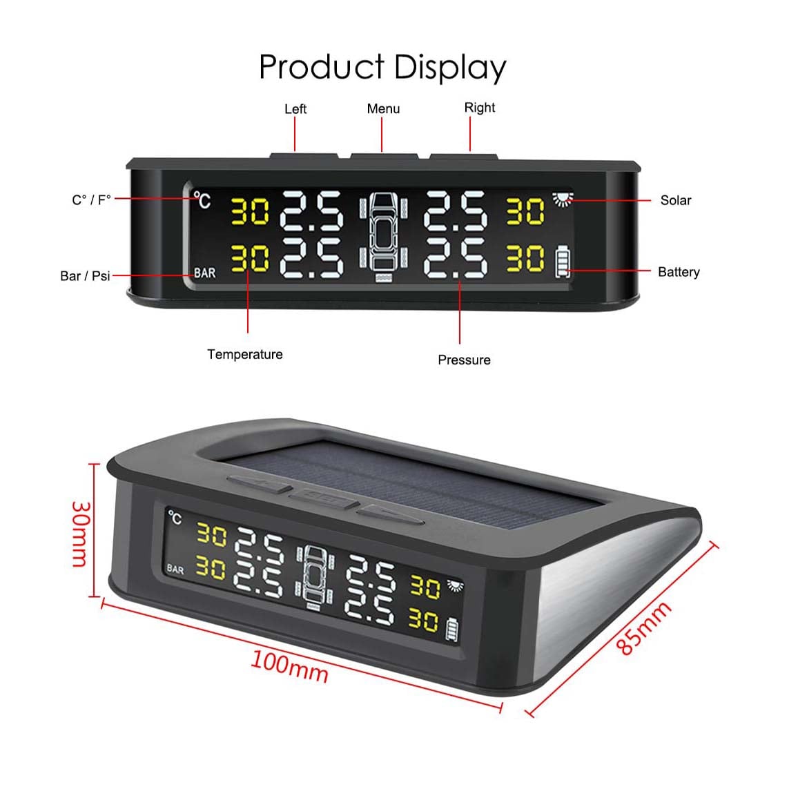 Cảm biến Áp suất Lốp TPMS Ô Tô Phiên Bản TIẾNG VIỆT Màn Hình LCD Màu dùng Năng Lượng Mặt Trời (Loại gắn van ngoài )