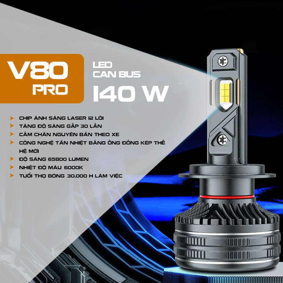 Đèn Led V80 Công nghệ mới 2024 Lõi tản nhiệt đồng kép có nước tản nhiệt Công suất 140W Tuổi thọ 30000h ánh sáng trắng 6K