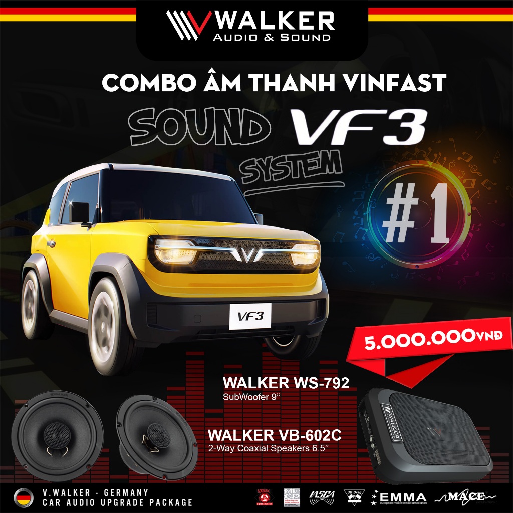 Loa COMBO Âm thanh Ô tô Walker Germany cho Vinfast VF 3 hàng cao cấp, Cấu hình âm thanh đẳng cấp