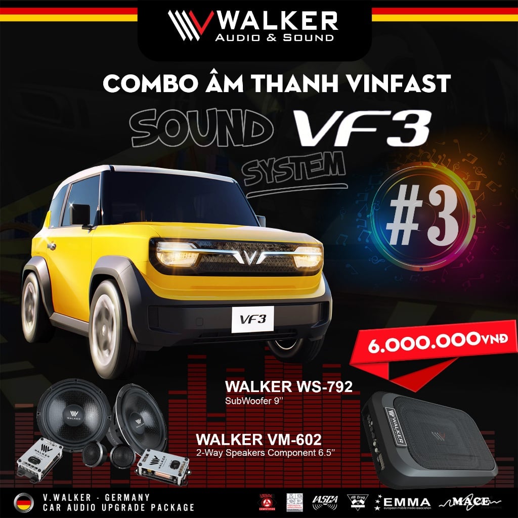 Loa COMBO Âm thanh Ô tô Walker Germany cho Vinfast VF 3 hàng cao cấp, Cấu hình âm thanh đẳng cấp